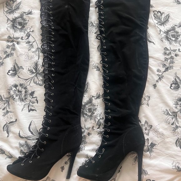 Thigh High Open Toe Stiletto Heel Lace Up Full Zipper Boots - Picture 1 of 5
